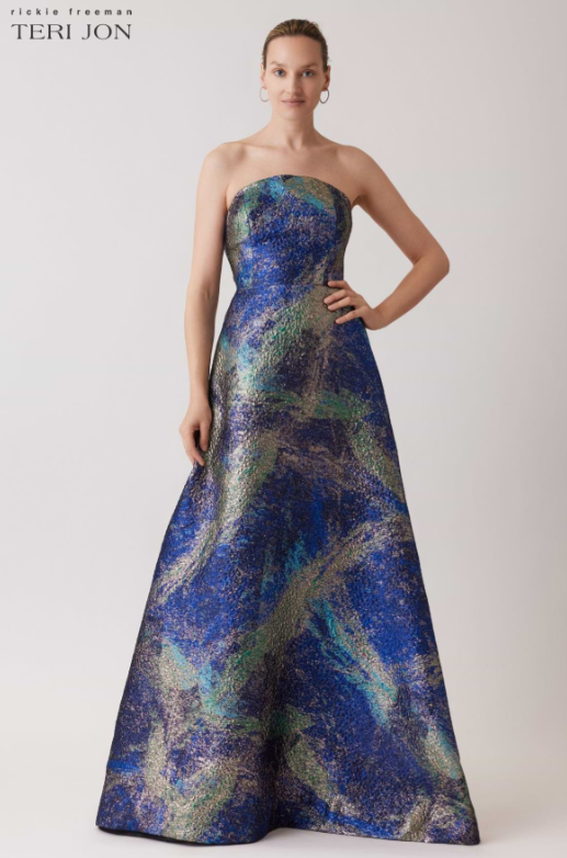 formal gown teri jon dresses Teri Jon Metallic Jacquard Off Shoulder Puff Sleeve Gown
